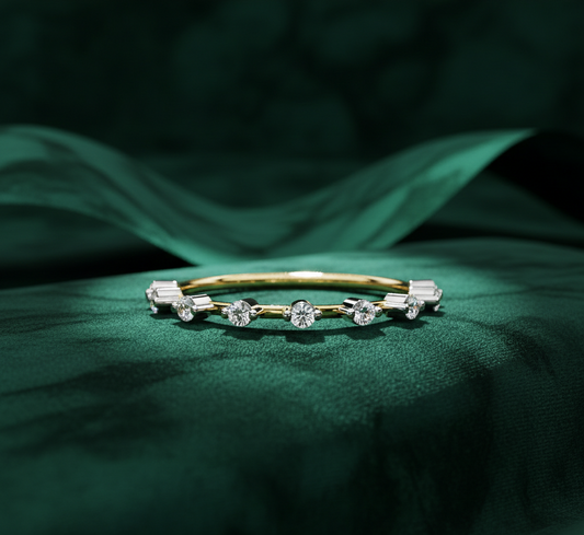 Two-Tone Bezel Set Round Diamond Half Eternity Ring | Modern Wedding Band for Women