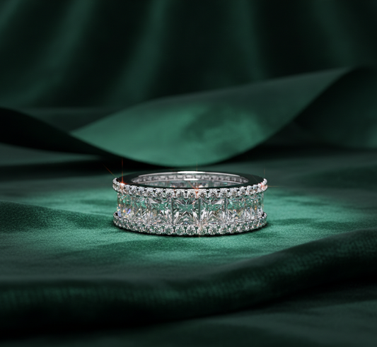 Princess Cut Diamond Eternity Band | Double Halo Ring