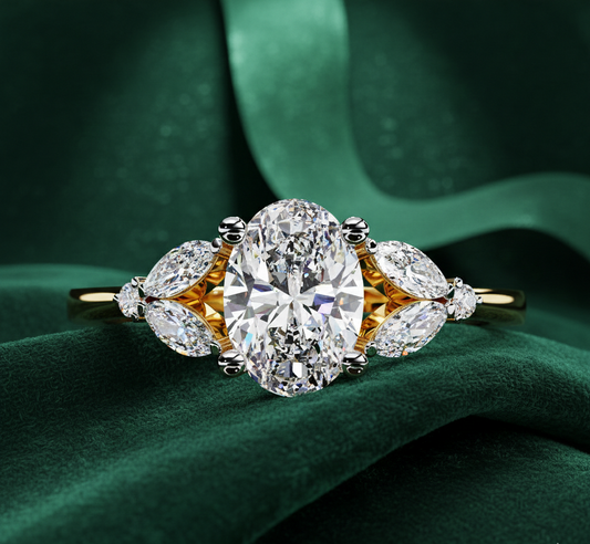 Oval Diamond Engagement Ring with Marquise Side Stones | Three Stone Bridal Ring