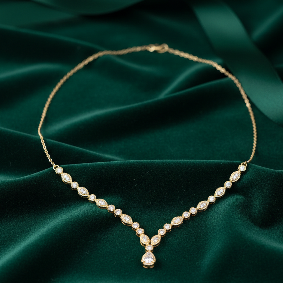 Round brilliant Diamond V-Shape Cluster Drop Necklace