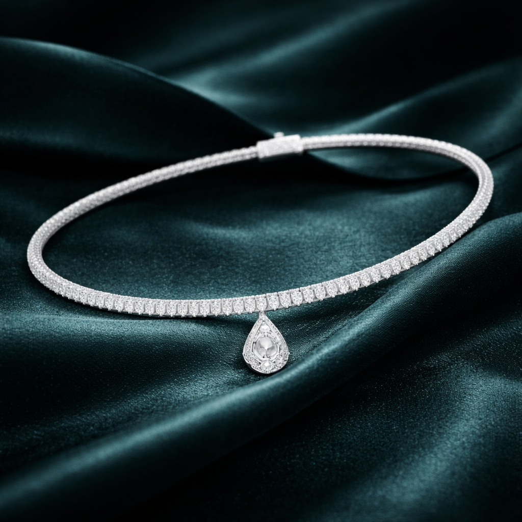 Round Diamond Tennis Necklace with Drop Charm