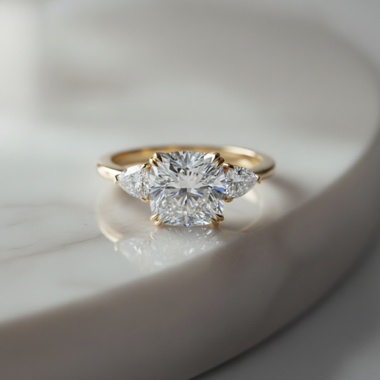 Celestial Grace Cushion & Pear Three-Stone Ring