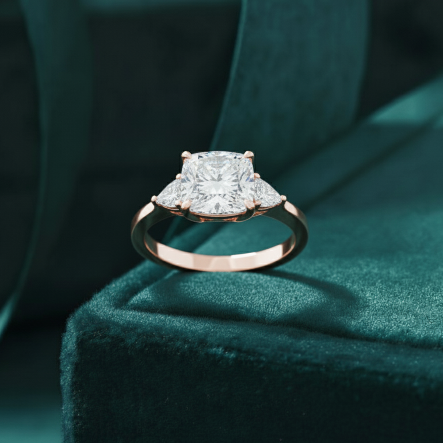 Celestial Grace Cushion & Pear Three-Stone Ring