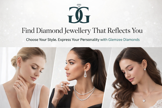 Luxury website banner for Glemzee Diamonds featuring minimalist, bold, and romantic women wearing lab grown diamond jewellery with elegant white background and brand logo.