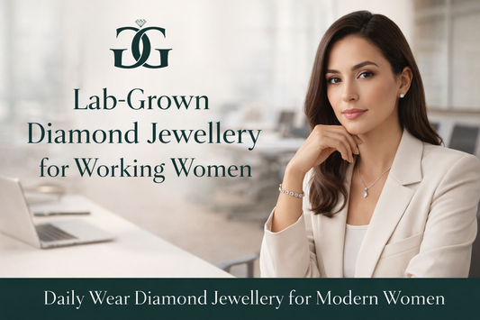 Professional woman wearing minimal daily wear diamond jewellery with lab-grown earrings, pendant and bracelet in office