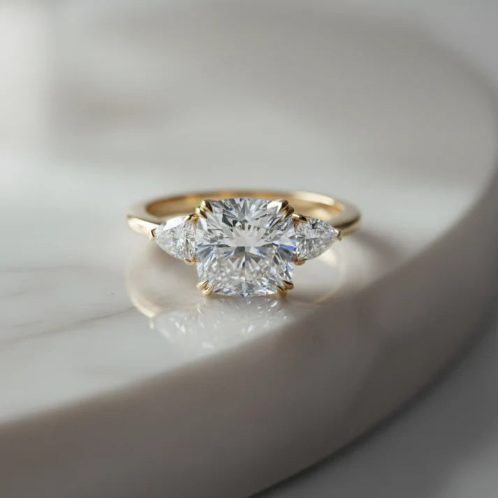 Celestial Grace Cushion & Trillion Three-Stone Ring
