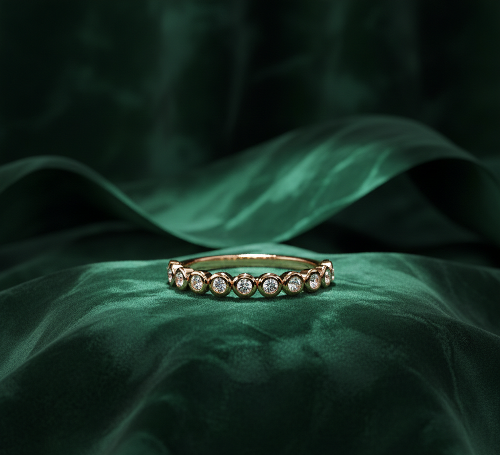 Bezel Set Round Diamond Half Eternity Ring | Minimalist Wedding Band for Women