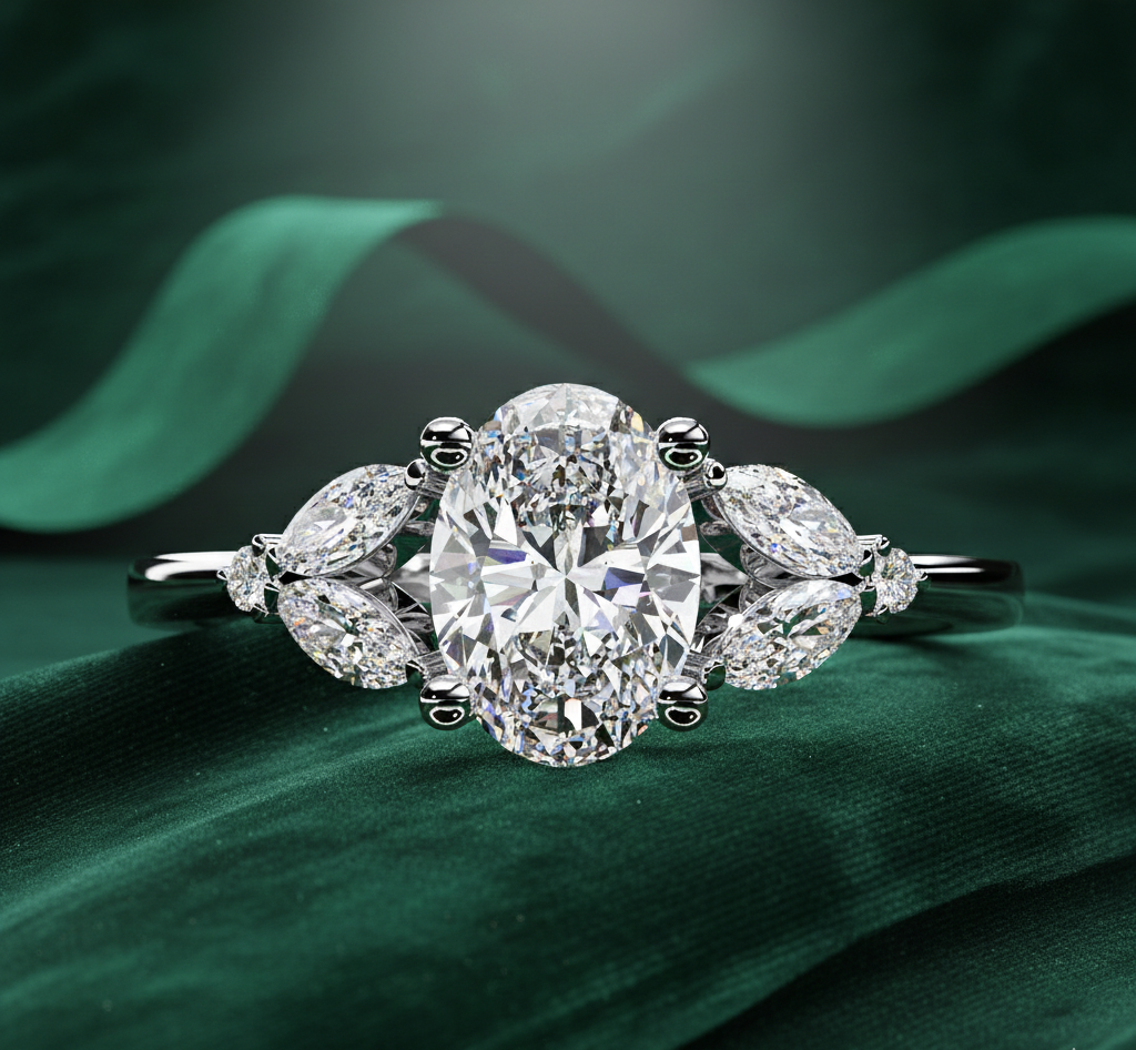 Oval Diamond Engagement Ring with Marquise Side Stones | Three Stone Bridal Ring