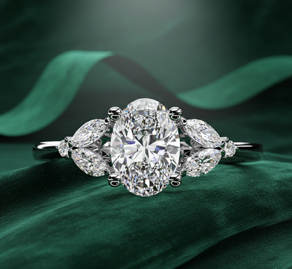 Oval Diamond Engagement Ring with Marquise Side Stones | Three Stone Bridal Ring