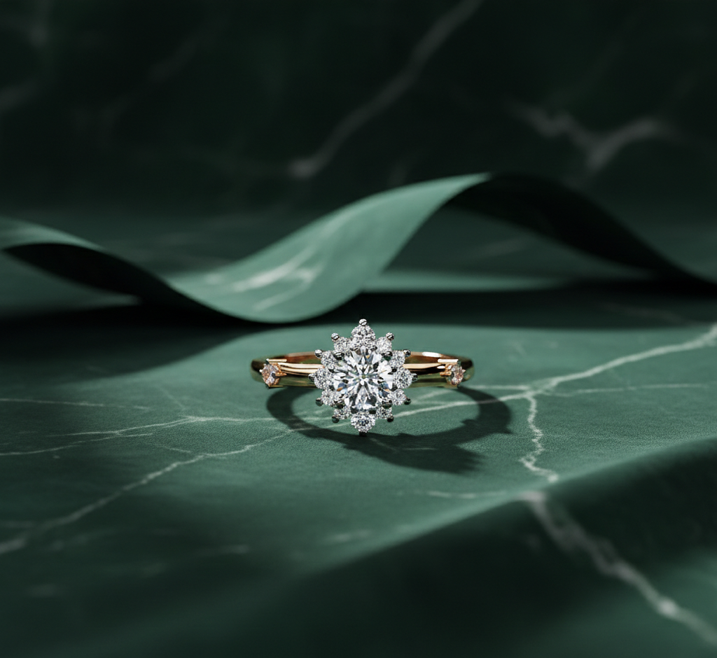 Round Diamond Halo Engagement Ring | Floral Cluster Bridal Ring for Women