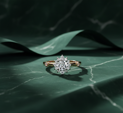 Round Diamond Halo Engagement Ring | Floral Cluster Bridal Ring for Women