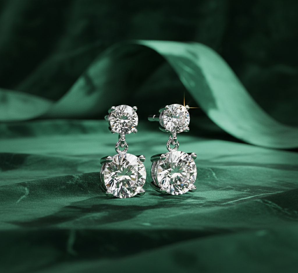 Round Diamond Drop Earrings | Double Solitaire Dangle Diamond Earrings for Women