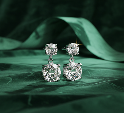Round Diamond Drop Earrings | Double Solitaire Dangle Diamond Earrings for Women