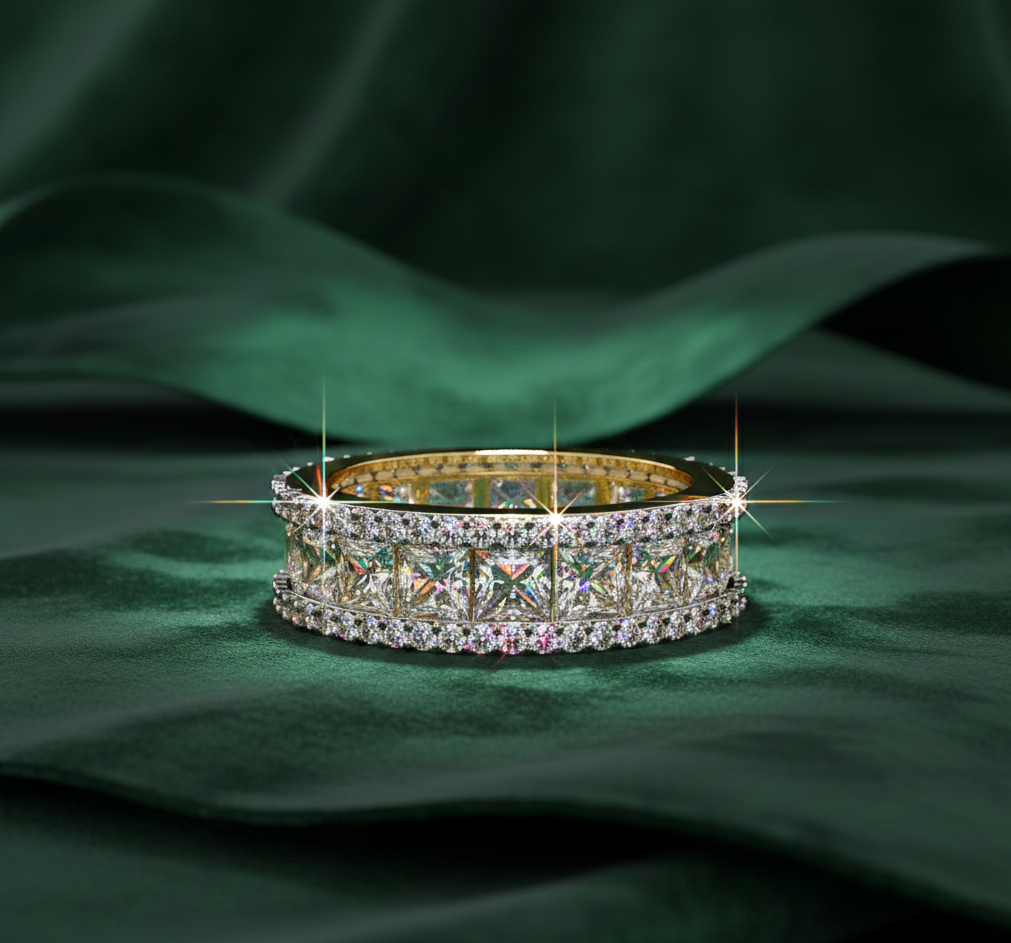 Princess Cut Diamond Eternity Band | Double Halo Ring