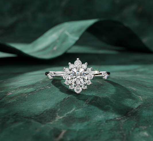 Round Diamond Halo Engagement Ring | Floral Cluster Bridal Ring for Women