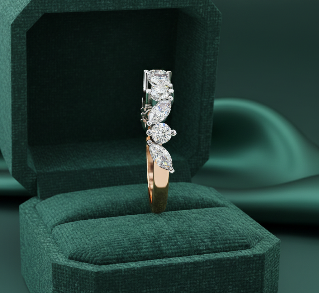 Marquise and Round Diamond Wedding Band | Two Tone Gold Anniversary Ring