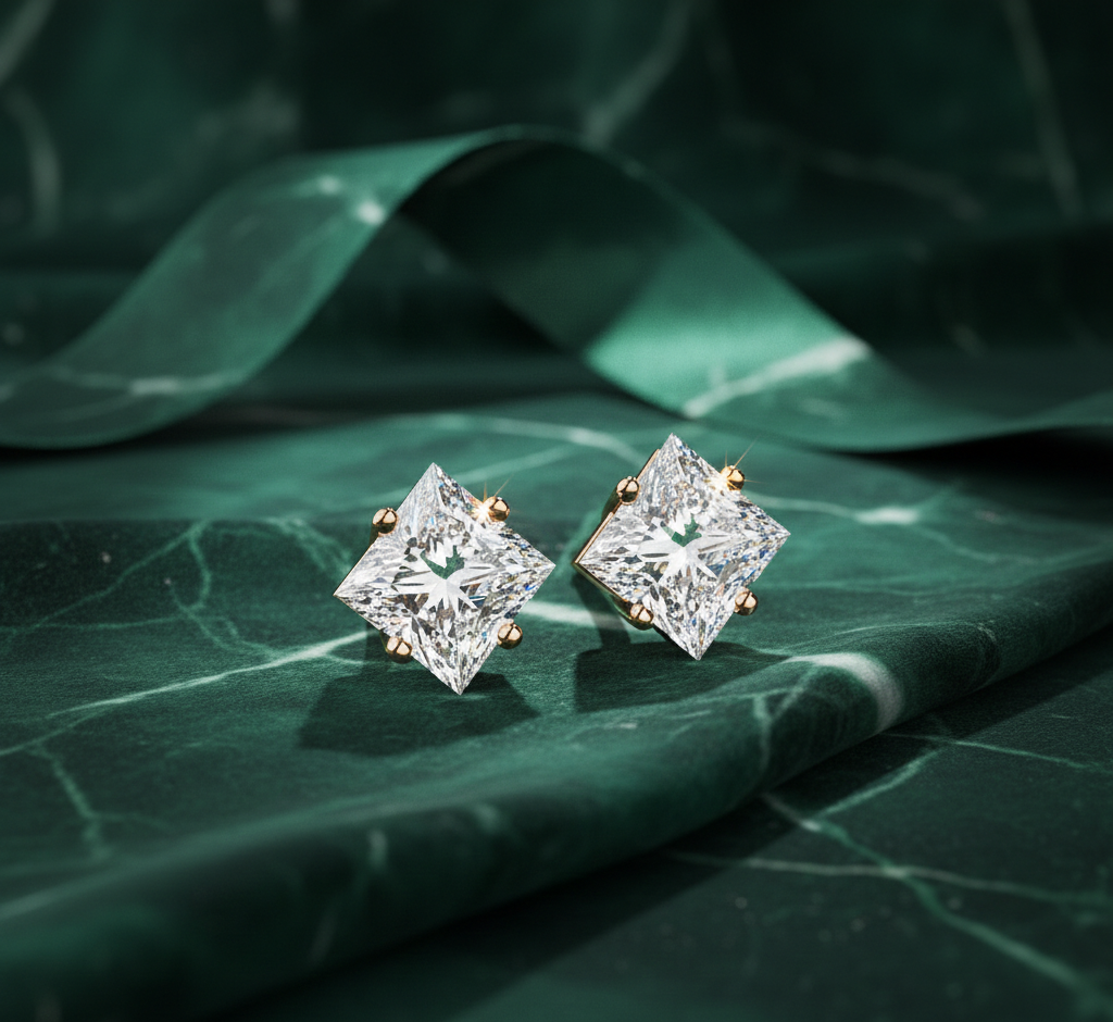 Princess Cut Diamond Stud Earrings | Square Solitaire Diamond Earrings for Women
