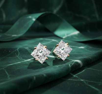 Princess Cut Diamond Stud Earrings | Square Solitaire Diamond Earrings for Women