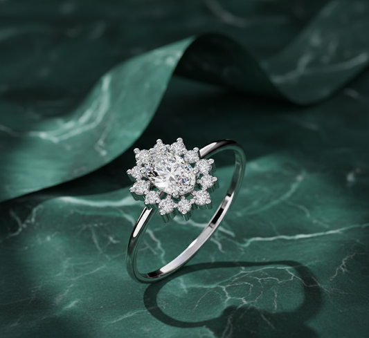 Oval Diamond Halo Engagement Ring | Vintage Floral Cluster Bridal Ring