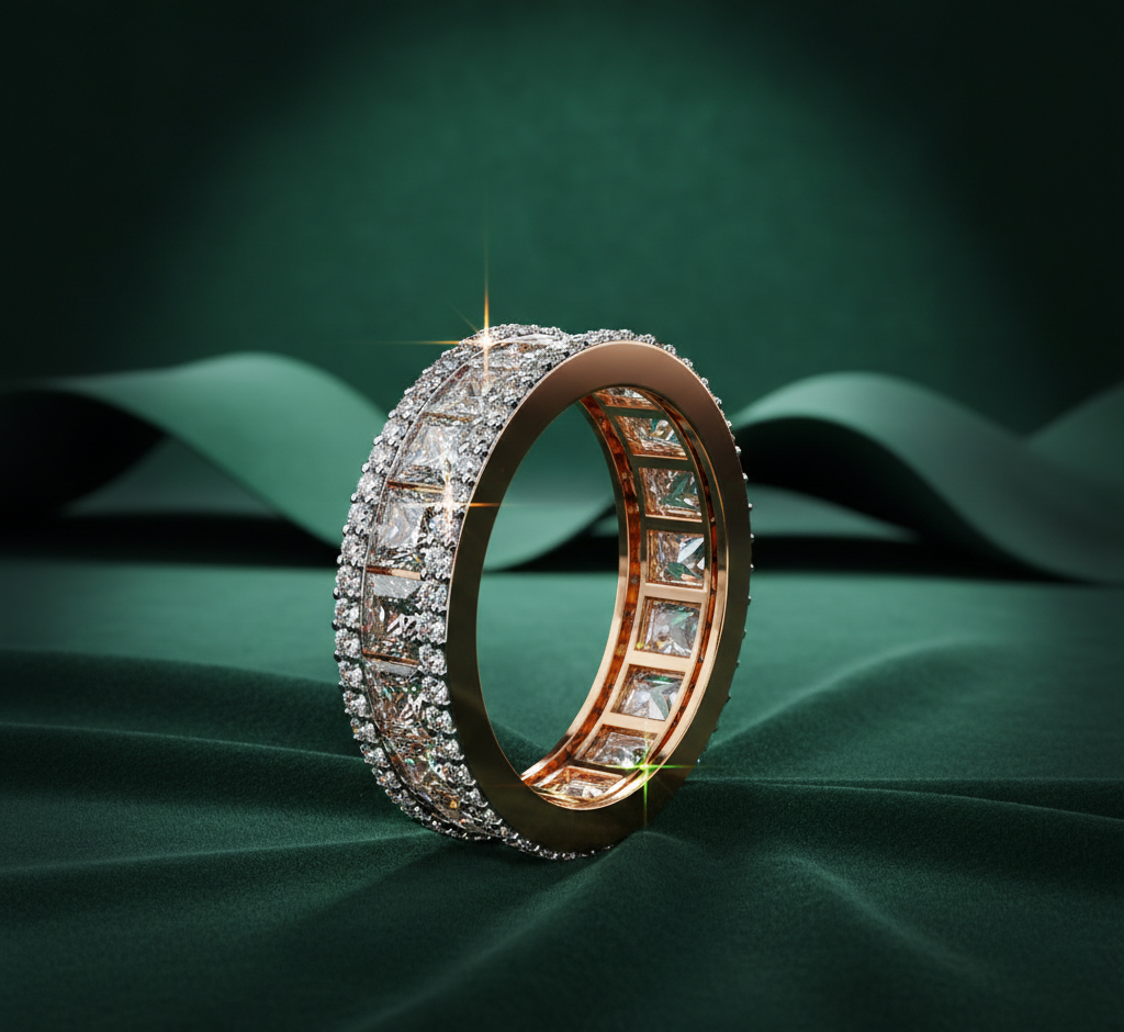 Princess Cut Diamond Eternity Band | Double Halo Ring