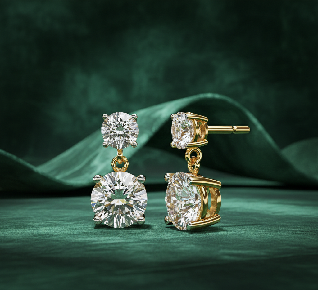 Round Diamond Drop Earrings | Double Solitaire Dangle Diamond Earrings for Women