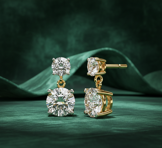 Round Diamond Drop Earrings | Double Solitaire Dangle Diamond Earrings for Women