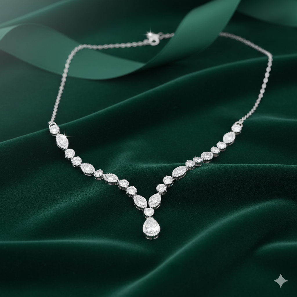 Round brilliant Diamond V-Shape Cluster Drop Necklace