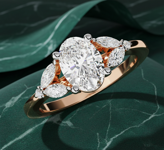 Oval Diamond Engagement Ring with Marquise Side Stones | Three Stone Bridal Ring