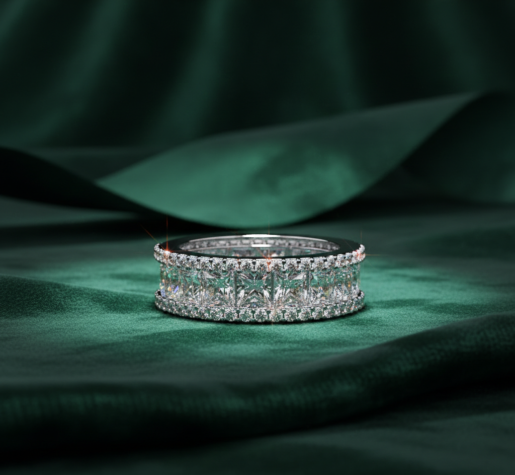 Princess Cut Diamond Eternity Band | Double Halo Ring
