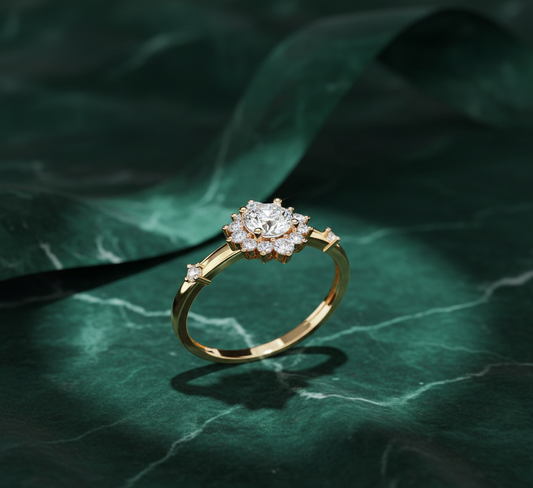 Round Diamond Halo Engagement Ring | Floral Cluster Bridal Ring for Women