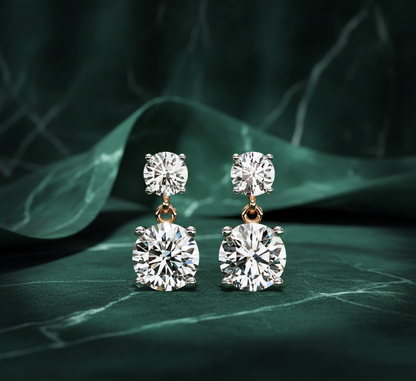 Round Diamond Drop Earrings | Double Solitaire Dangle Diamond Earrings for Women