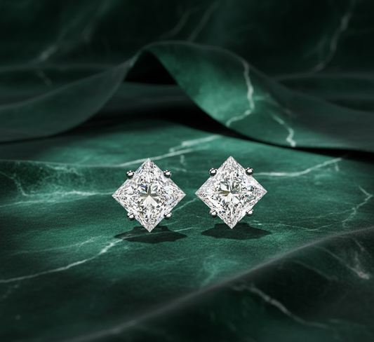 Princess Cut Diamond Stud Earrings | Square Solitaire Diamond Earrings for Women