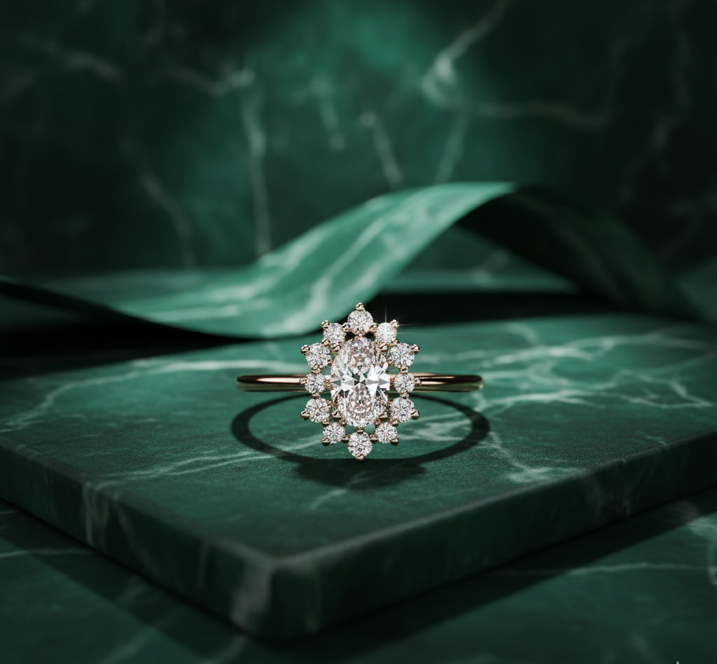 Oval Diamond Halo Engagement Ring | Vintage Floral Cluster Bridal Ring