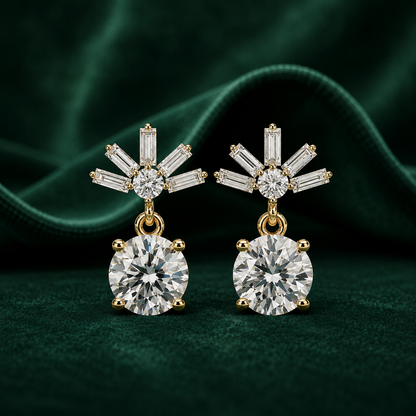 Round & Baguette Art Deco Dangle Studs