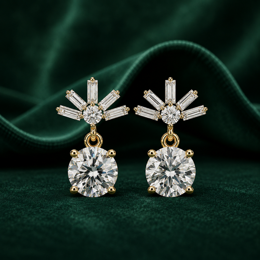 Round & Baguette Art Deco Dangle Studs