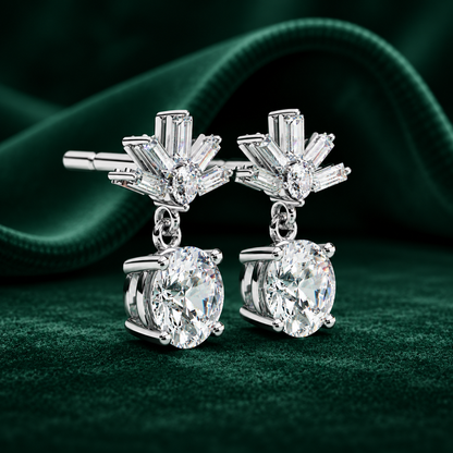Round & Baguette Art Deco Dangle Studs