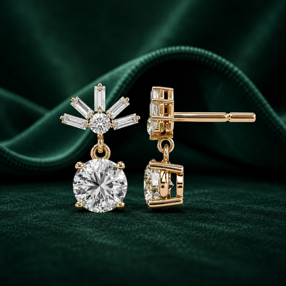 Round & Baguette Art Deco Dangle Studs
