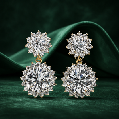 Double Halo Diamond Drop Earrings