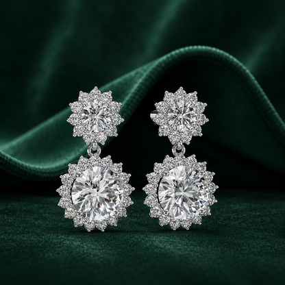 Double Halo Diamond Drop Earrings