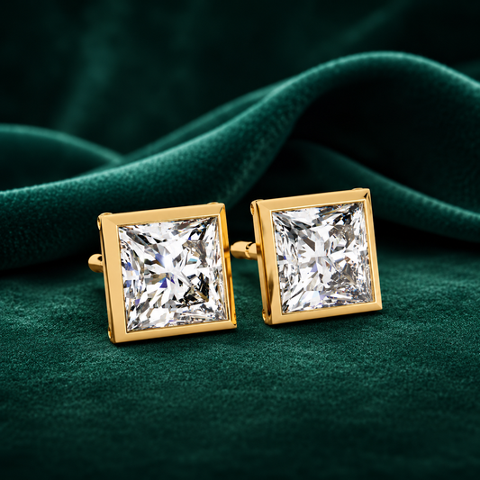 Bezel Set Princess Cut Solitaire Earrings