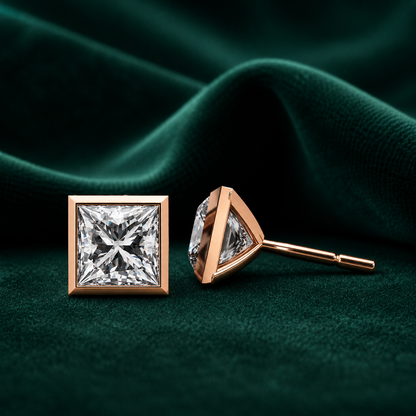 Bezel Set Princess Cut Solitaire Earrings