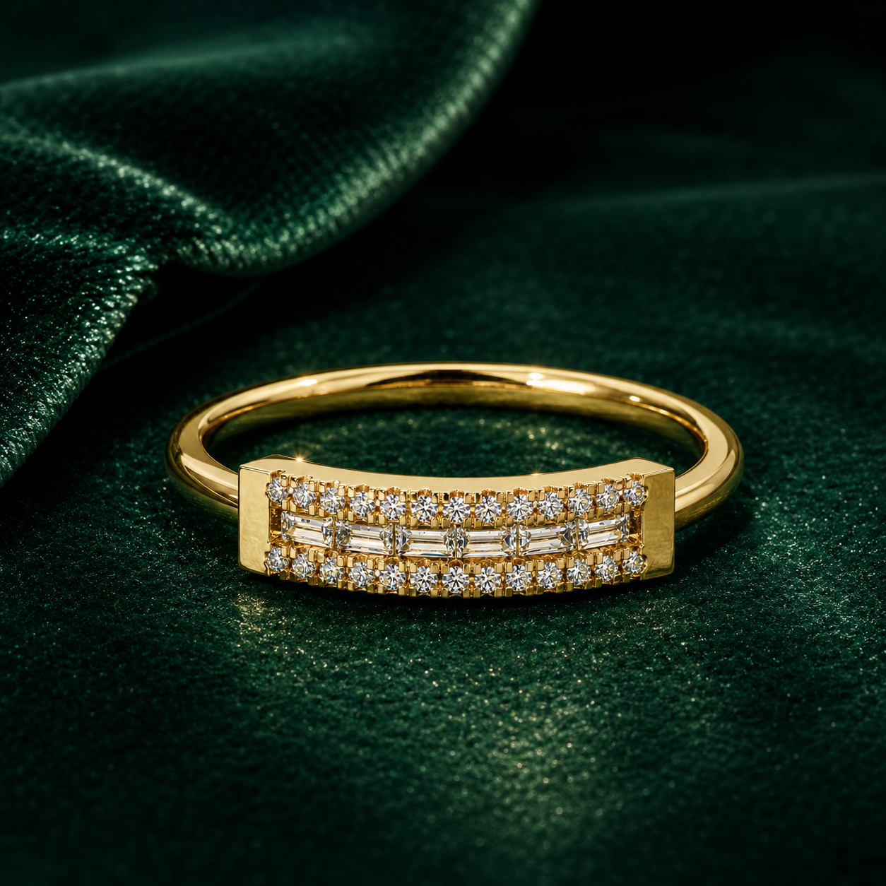 Double Row Baguette & Round Diamond Bar Ring