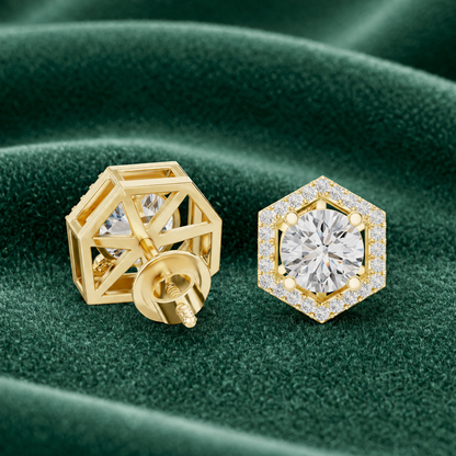 Radiant Hexa Hexagon Halo Stud Earrings