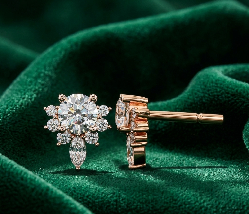 Round & Marquise Diamond Geometric Drop Earrings
