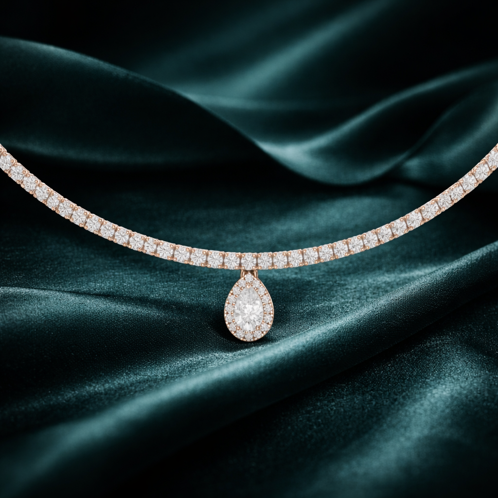 Round Diamond Tennis Necklace with Drop Charm