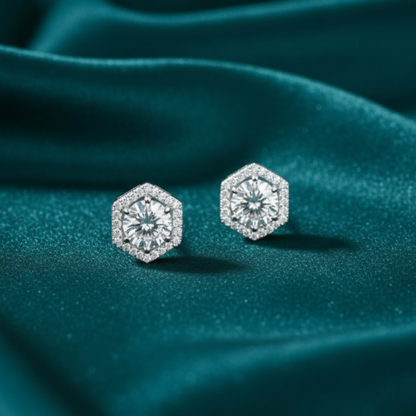 Radiant Hexa Hexagon Halo Stud Earrings