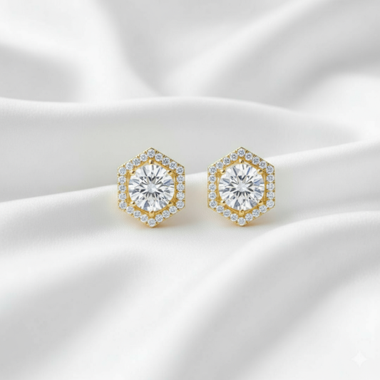 Radiant Hexa Hexagon Halo Stud Earrings