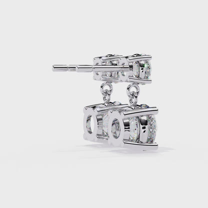 Round Diamond Drop Earrings | Double Solitaire Dangle Diamond Earrings for Women