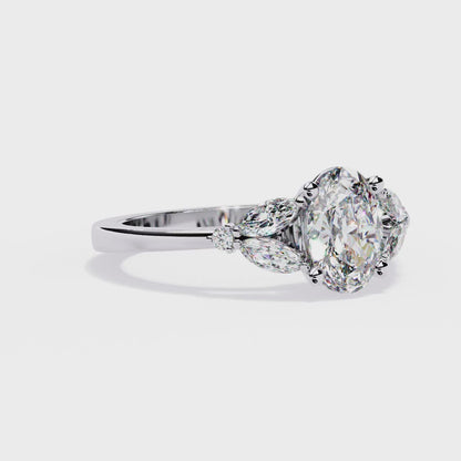 Oval Diamond Engagement Ring with Marquise Side Stones | Three Stone Bridal Ring